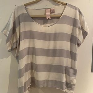 Gray and white striped silk t-shirt blouse with pocket
